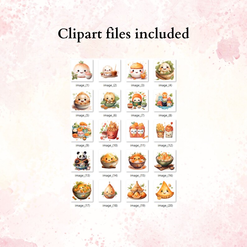 May include: A set of 20 digital clipart images featuring cute cartoon characters enjoying various Asian-inspired dishes. The characters are drawn in a watercolor style with bright colors and playful expressions.