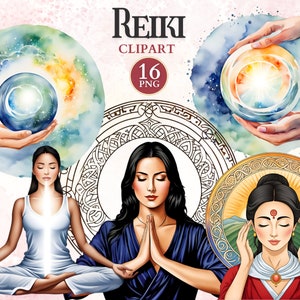 May include: A digital illustration of three women practicing Reiki. The first woman is meditating with her hands in her lap, the second woman is meditating with her hands in a prayer position, and the third woman is meditating with her hands over her ears. The image is surrounded by watercolor orbs and ornate frames.