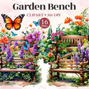 Garden Bench Clipart, Secret Garden, Flower Field Print, Flower Vector, Gardening Tools Clipart, Gardening Graphics