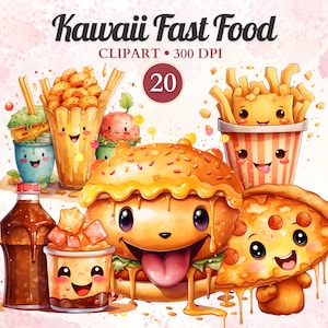 Kawaii Fast Food Clipart, Watercolor, Kawaii Food Clipart Set, Cute Food, Pizza, Chips, Hamburger, Taco, Transparent Png, Instant Download