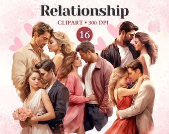 May include: A digital illustration of 16 different couples in various poses, all with a romantic theme. The couples are depicted in a soft, pastel color palette with a pink background.