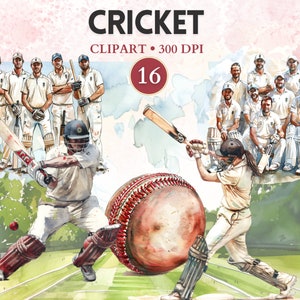 Può includere: Un'illustrazione ad acquerello di una squadra di cricket, un battitore, un lanciatore e una palla da cricket. L'illustrazione è in stile vintage e presenta una palla da cricket rossa e bianca, un campo verde e un gruppo di giocatori di cricket in uniforme bianca. Il testo "CRICKET CLIPART - 300 DPI 16" è nella parte superiore centrale dell'immagine.