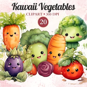 Kawaii Vegetables Clipart, Watercolor, Kawaii Food Clipart Set, Cute Food, Carrots, Broccoli, Tomato, Transparent Png, Instant Download