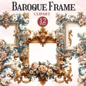 Op de afbeelding: Twaalf sierlijke gouden en blauwe barokke frames met bloemmotieven. De frames zijn perfect om een ​​toets van elegantie aan elk project toe te voegen.