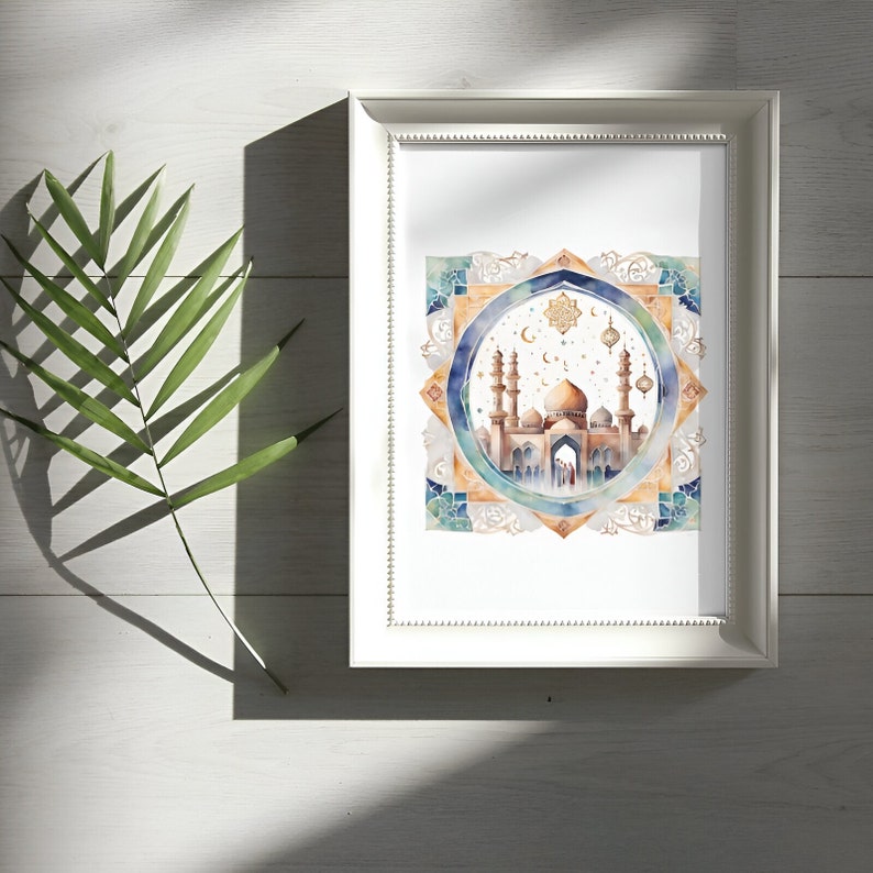 May include: A framed watercolor painting of a mosque with a golden dome and minarets. The mosque is surrounded by a blue and gold geometric pattern. The painting is set against a white background.