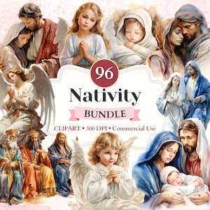 Kerststal clipartbundel, drie wijzen, Maria en Jozef, heilige familie icoon, katholieke clipart, Bijbel, commercieel gebruik