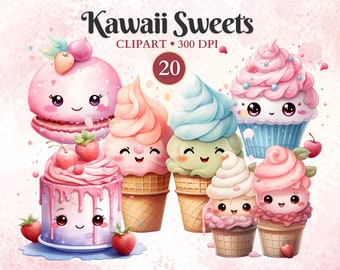 Kawaii Sweets Clipart, Watercolor, Kawaii Food Clipart Set, Cute Food, Ice-Cream, Macaron, Cake, Cupcake, Transparent Png, Instant Download