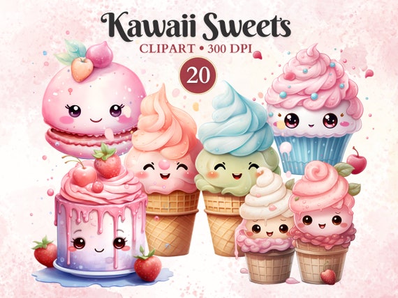 Kawaii Sweets Clipart, Watercolor, Kawaii Food Clipart Set, Cute Food, Ice-Cream, Macaron, Cake, Cupcake, Transparent Png, Instant Download