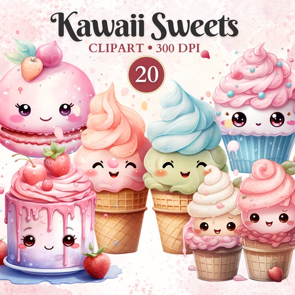 Kawaii Sweets Clipart, Watercolor, Kawaii Food Clipart Set, Cute Food, Ice-Cream, Macaron, Cake, Cupcake, Transparent Png, Instant Download