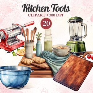 May include: A set of 20 watercolour illustrations of kitchen tools, including a blender, a rolling pin, a mixing bowl, a chopping board, and wooden spoons. Kitchen Tools Clipart - 300 DPI.