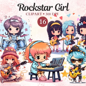 Clipart Rockstar Girl, schattige Rockstar, band png, gitarist, drummer, rockmuziek, concert, muziek clipart, muziek png