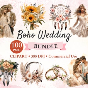 Bundle de cliparts mariage bohème, mariage ensemble des cliparts, des cliparts Shabby Chic, des cliparts célébration, mariage Png, Png Transparent, usage Commercial