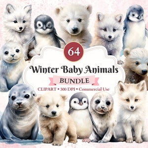 Bundle de cliparts hiver bébés animaux, hiver au pays des merveilles, pingouin, ours polaire, phoque, renard arctique, usage commercial