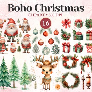 Clipart Noël bohème, père Noël, clipart hiver, confortable, vacances, vecteur joyeux Noël, faire-part de Noël