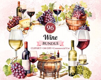 Wine Clipart Bundle, Wine Glass, Wine Bottle, Grapes Clipart, Wine and Cheese, Grapes and Wine, Wine Barrel, Vineyard, Winery