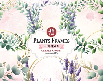 Plants Frames Clipart Bundle, Leaves Border Clipart, Printable Photo Frame Png, Nature Greenery Wreath, Ornate Picture, Wedding Invitation