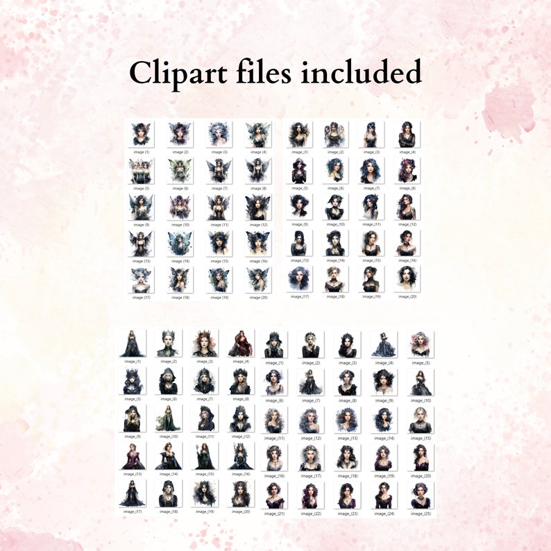 K&ouml;nnte beinhalten: Ein Set mit 123 digitalen Clipart-Bildern mit Aquarell-Illustrationen von Feen und Frauen in verschiedenen Posen und Outfits. Die Bilder sind in einem dunklen, gotischen Stil mit einem Hauch von Fantasie gehalten.