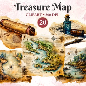 Treasure Map Clipart, Aquarell, Piraten Clipart, Party, Geburtstag, Thema, Schatz, Fantasy, Scrapbooking, Einladung, Freibeuter, Png