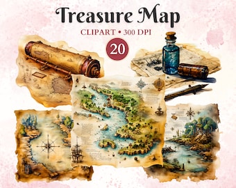 May include: A set of 20 vintage-style treasure map illustrations. The maps are hand-drawn and feature a variety of details, including islands, rivers, mountains, and compass roses. The maps are perfect for adding a touch of adventure to your projects.