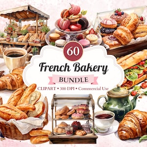 Franse bakkerij clipartbundel, set, gebak clipart, Franse zoetigheden, gebak, ontbijt png, bakken, Franse gerechten, culinair, commercieel gebruik