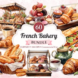 Französisches Bäckerei-Clipart-Bundle, Set, Gebäck-Clipart, französische Süßigkeiten, Gebäck, Frühstücks-Png, Backen, französisches Essen, Kulinarik, kommerzielle Nutzung