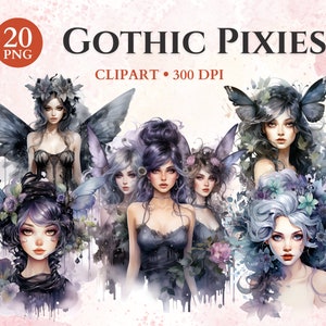 Puede incluir: Un conjunto de 20 imágenes de clipart digitales que representan hadas góticas con alas, flores y un estilo acuarela. Las imágenes son de 300 DPI.