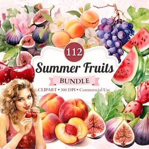 May include: A watercolor illustration of a variety of summer fruits, including watermelon, peaches, figs, cherries, and grapes. The illustration is surrounded by green leaves and flowers. The text "112 Summer Fruits Bundle CLIPART - 300 DPI - Commercial Use" is displayed on a white banner.