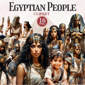 May include: A digital clipart set of 16 images featuring people dressed in traditional Egyptian clothing. The images include men, women, and children wearing colorful garments, headwear, and jewelry. The set is perfect for creating projects related to ancient Egypt, history, or mythology.