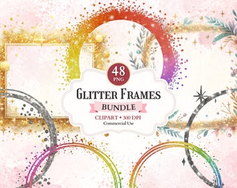 Paquete de imágenes prediseñadas de marcos de brillo, marcos de fotos dorados imprimibles Png, adorno de imagen digital, bordes de brillo decorativos Png, diseño de sublimación