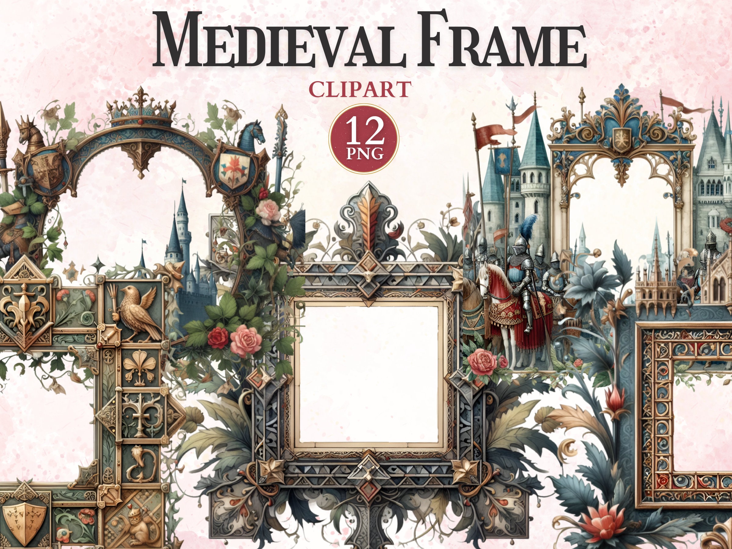 Medieval Frame Clipart, Antique Printable Frames Png to Ornate Picture, Borders Clipart, Decorative Design Elements, Transparent Png