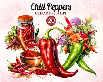 Może przedstawiać: Zbiór 20 akwarelowych ilustracji czerwonych i zielonych papryczek chili, niektóre z kwiatami, oraz moździerz i tłuczek z chili w proszku.  Chili Peppers Clipart - 300 DPI.