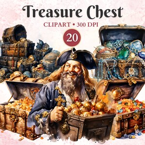 Clipart de baú de tesouro, aquarela, clipart de pirata, festa, aniversário, tema, tesouro, fantasia, álbum de recortes, convite, corsário, png