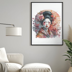 May include: A watercolor painting of a woman with a traditional Japanese hairstyle and a pink and white floral headdress. The woman is wearing a pink and red kimono and has a serene expression on her face.