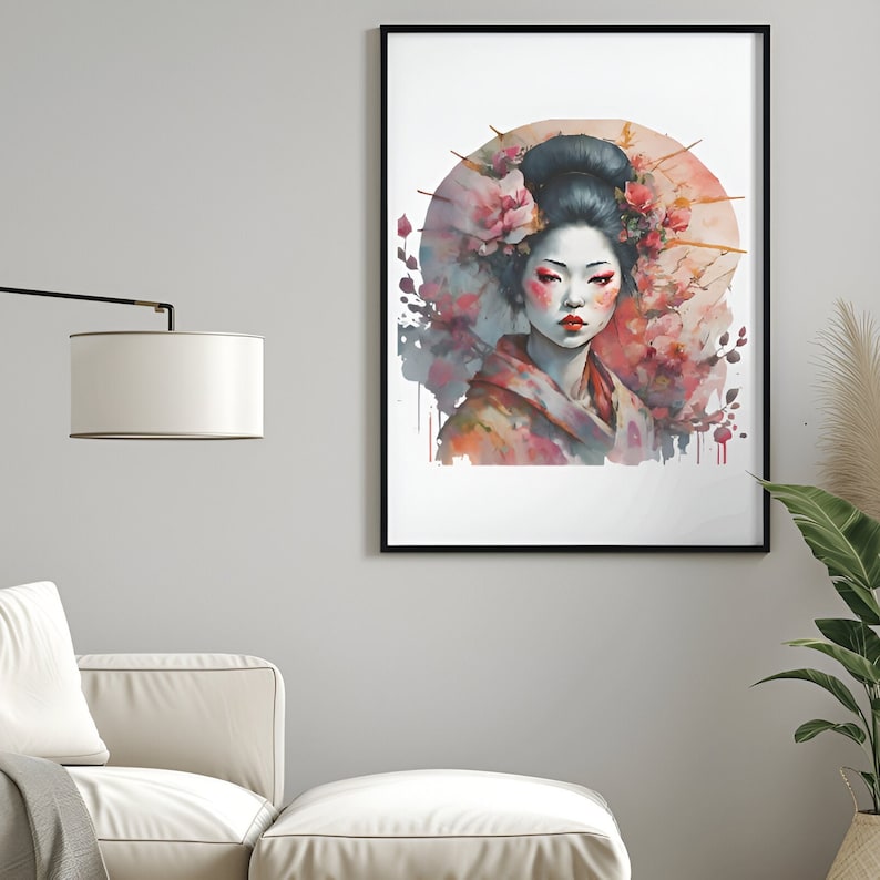 May include: A watercolor painting of a woman with a traditional Japanese hairstyle and a pink and white floral headdress. The woman is wearing a pink and red kimono and has a serene expression on her face.