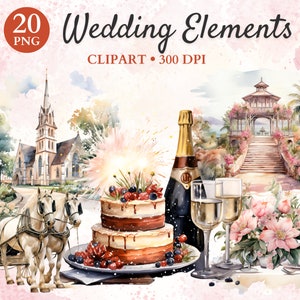 Clipart d'éléments de mariage, des cliparts le jour du mariage, des cliparts romantique, aquarelle des cliparts mariage, mariage Png, Png transparent, téléchargement immédiat