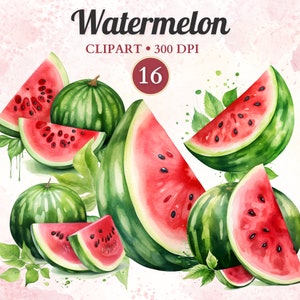 Pode incluir: Clipart de aquarela de 16 fatias de melancia e melancias inteiras. As melancias são vermelhas por dentro e verdes por fora. A imagem tem um fundo de aquarela rosa com folhas verdes.