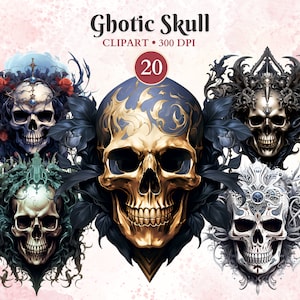 Gothic Skull Clipart, Halloween Clipart, Whimsical, Skulls, Skeleton, Pumpkin, Scary, Spooky, Creepy, Horror Characters, Transparent Png