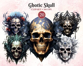 Gothic Skull Clipart, Halloween Clipart, Whimsical, Skulls, Skeleton, Pumpkin, Scary, Spooky, Creepy, Horror Characters, Transparent Png