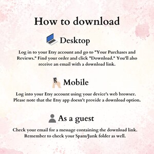 K&ouml;nnte beinhalten: Eine Grafik mit Anweisungen zum Herunterladen eines digitalen Kaufs von Etsy. Die Grafik zeigt Symbole f&uuml;r Desktop, Mobilger&auml;te und Gast-Checkout. Der Text erkl&auml;rt, wie man einen Kauf auf jeder Plattform herunterl&auml;dt.