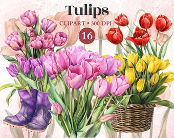 Tulip Clipart, Spring Sublimation, Floral Elements, Flower Vector, Garden Clipart, Tulip Pattern