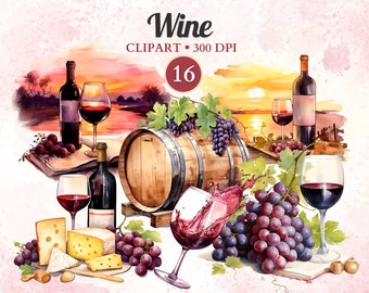 Wine Clipart, Wine Glass, Wine Bottle, Grapes Clipart, Wine and Cheese, Grapes and Wine, Wine Barrel, Vineyard, Winery