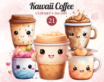 Kawaii Coffee Clipart, Watercolor, Cute Coffee Cup Clipart, Coffee Love, Coffee Graphics, Watercolor Png, Transparent Png, Instant Download