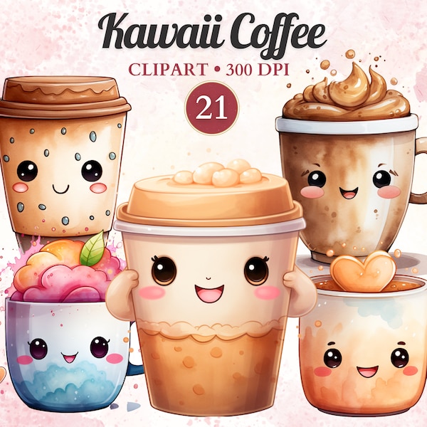 Kawaii Coffee Clipart, Watercolor, Cute Coffee Cup Clipart, Coffee Love, Coffee Graphics, Watercolor Png, Transparent Png, Instant Download