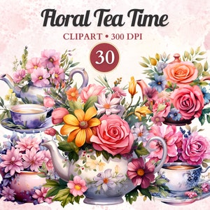 Clipart floreale per l'ora del tè, tè floreale vintage, clipart per l'ora del tè, Png acquerello, Png trasparente, Download istantaneo