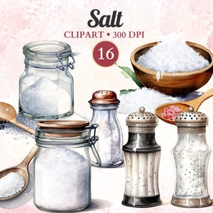 May include: A watercolor illustration of salt in various containers, including a glass jar, a wooden bowl, a glass shaker, and a metal shaker. The illustration includes the text "Salt" and "Clipart - 300 DPI" and the number "16".
