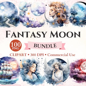 Fantasy Moon Clipart Bundle, Celestial Clipart, Dreamy Moon, Moon Png, Fantasy Clipart, Transparent Png, Instant Download, Commercial Use