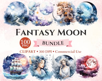 Fantasy Moon Clipart Bundle, Celestial Clipart, Dreamy Moon, Moon Png, Fantasy Clipart, Transparent Png, Instant Download, Commercial Use