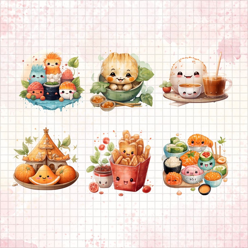 May include: A digital illustration of six different food-themed cartoon characters. The characters are a cat, a house, a pile of french fries, a sushi roll, a bowl of soup, and a group of sushi rolls. The characters are all smiling and have large eyes.