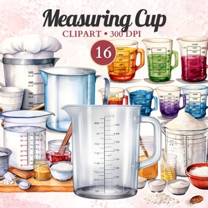 May include: A set of 16 watercolor illustrations of measuring cups in various sizes and colors. The cups are filled with different liquids and ingredients, such as flour, sugar, and milk. The illustrations are perfect for use in cookbooks, recipe websites, and other culinary projects.