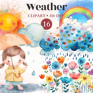 Wetter Clipart, Kawaii Wetter, regnerischer Tag, Sonne Clipart, Wolke Png, Designer Regenschirm, Aquarell Regenschirm